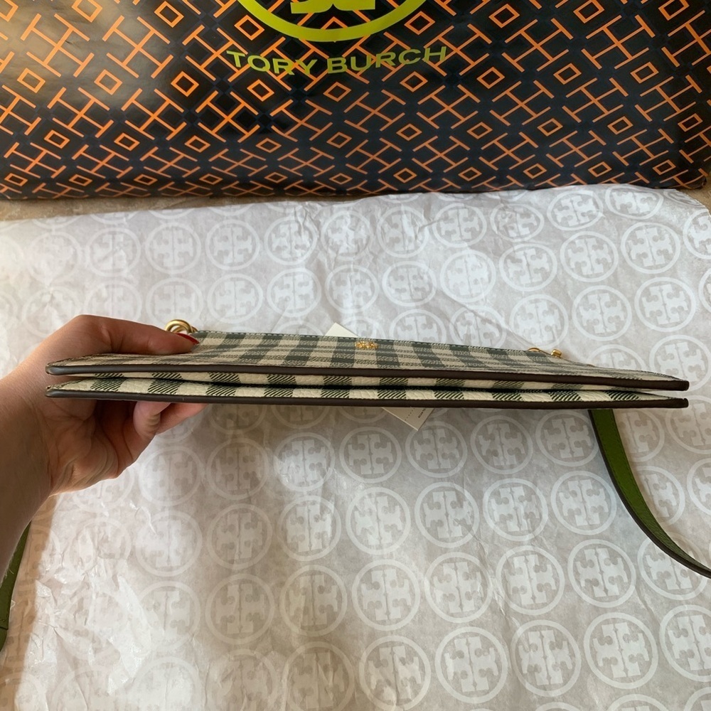 Tory Burch Blake Printed Double Zip Slim Crossbody Springham Green gingham - Picture 4 of 12